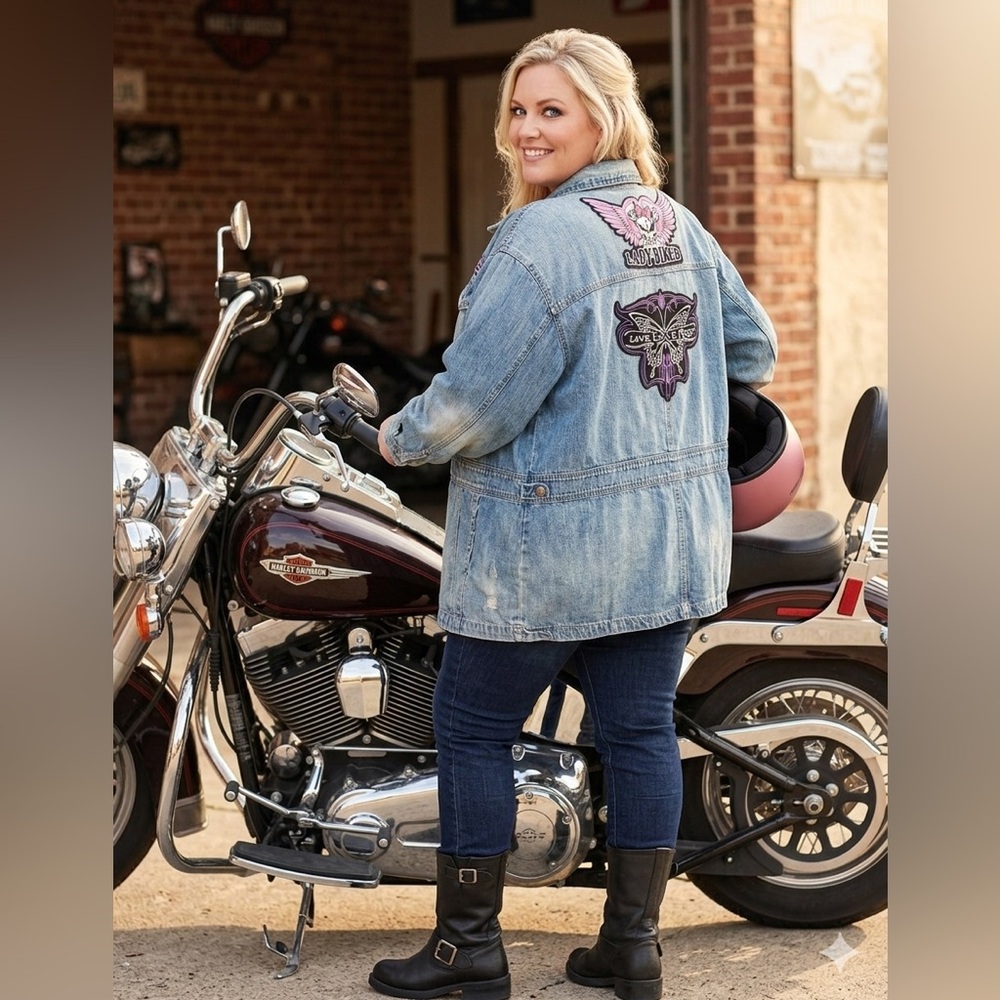 Roaman's Vintage Blue Denim Jacket with Pink Patches Harley Rider 32.5 PTP